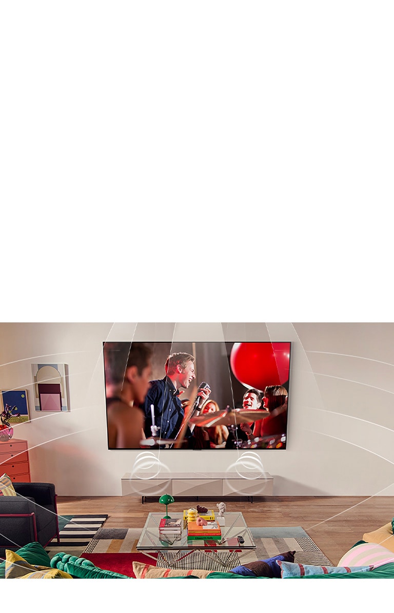 O sufragerie cu un LG TV montat pe perete. Undele de sunet sunt reprezentate grafic pentru a umple spațiul, arătând cum canalele virtuale 9.1.2 creează o experiență de sunet surround pentru utilizator. 