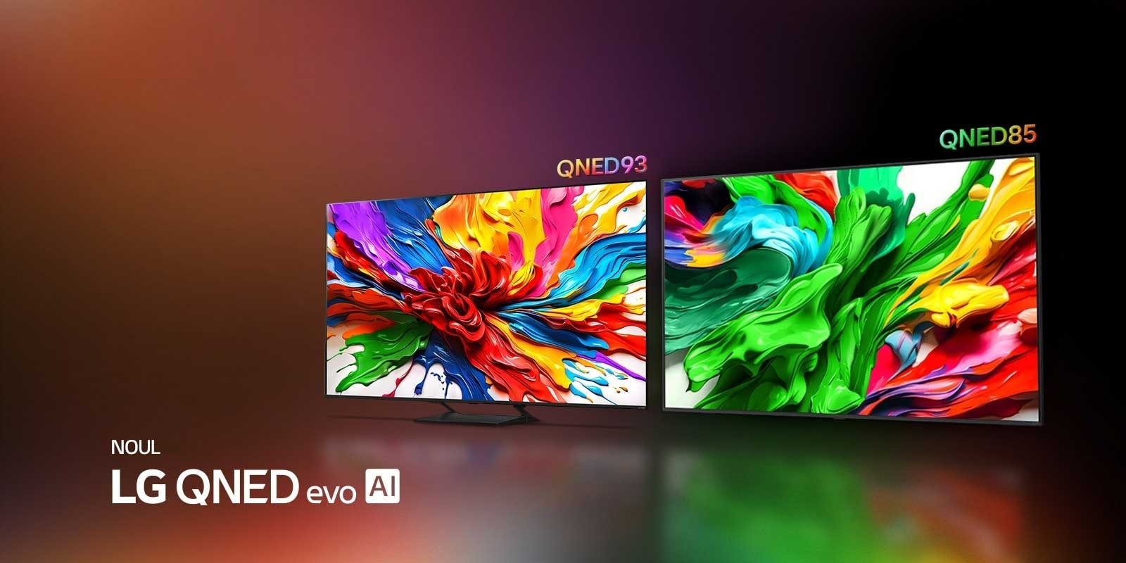 LG TV-uri cu o operă de artă colorată, care subliniază noua tehnologie de reproducere de culori intense și vibrante a LG QNED. Sigla NOUL LG QNED evo AI este, de asemenea, prezentă.
