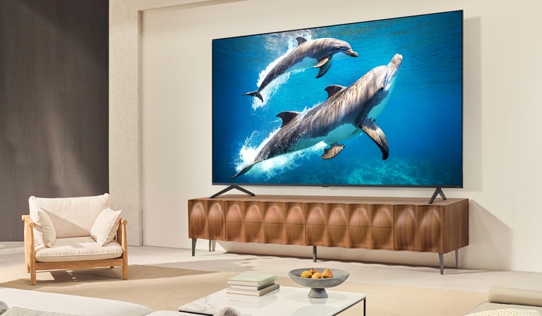 O familie stă pe canapea cu fața la un LG QNED TV montat pe perete, deasupra unui LG Soundbar, cu o fetiță care arată către ecranul ce afișează doi delfini. 