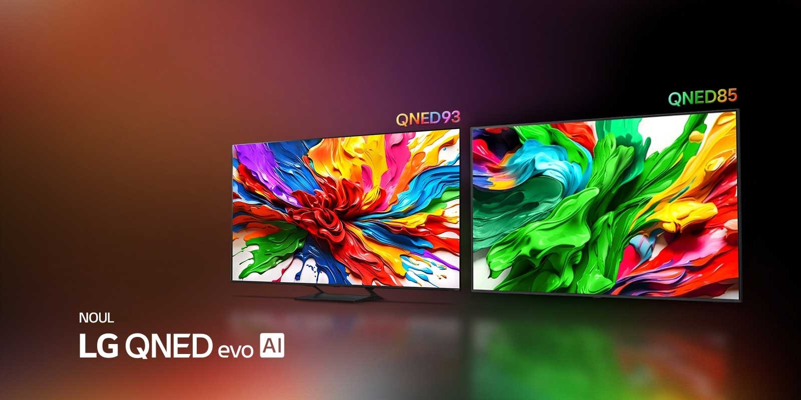 LG TV-uri cu o operă de artă colorată, care subliniază noua tehnologie de reproducere de culori intense și vibrante a LG QNED. Sigla NOUL LG QNED evo AI este, de asemenea, prezentă.
