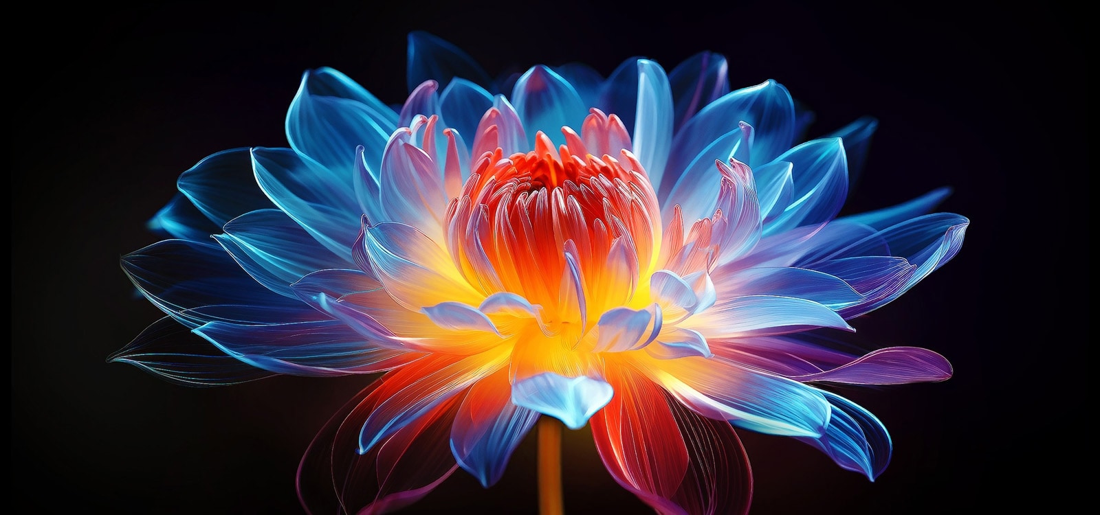 O floare holografică 3D în nuanțe și culori variate, pe un fundal negru. Definiția și detaliile florii pun în evidență capacitatea QNED MiniLED de a reda imagini cu culori, luminozitate și contrast excepționale.