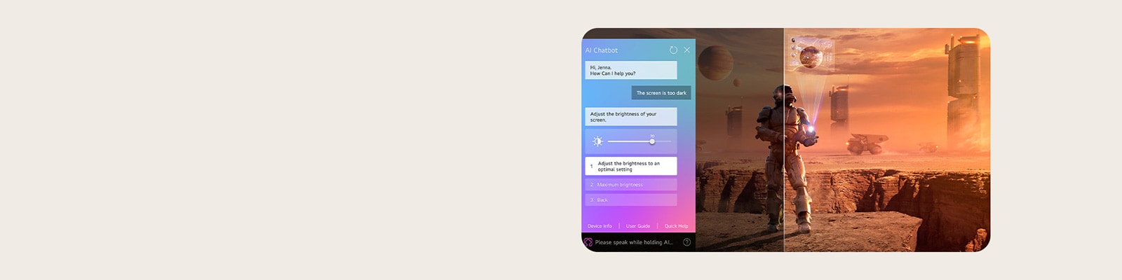 Conținut sci-fi este redat pe ecranul unui televizor LG QNED. Pe ecran se află interfața **AI Chatbot**. Utilizatorul a trimis un mesaj chatbotului spunând că ecranul este prea întunecat. Chatbotul a oferit soluții la cererea utilizatorului. Întreaga scenă este împărțită în două. O parte este mai întunecată, cealaltă este mai luminoasă, arătând cum **AI Chatbot** a rezolvat automat problema utilizatorului.