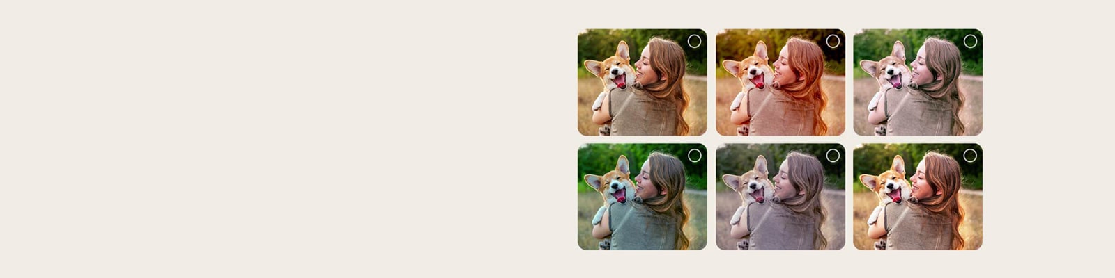 Ecranul unui utilizator care parcurge procesul de personalizare AI Picture Wizard. O serie de imagini sunt afișate, iar selecțiile utilizatorului sunt evidențiate. Apare un icon de încărcare și o imagine de peisaj este arătată, fiind îmbunătățită din stânga spre dreapta.