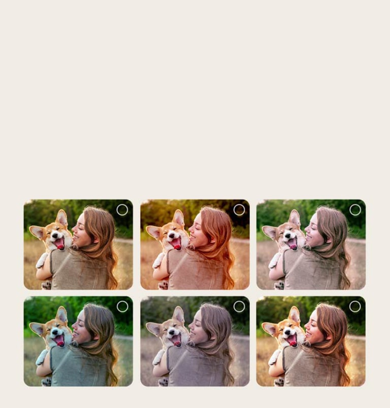 Ecranul unui utilizator care parcurge procesul de personalizare AI Picture Wizard. O serie de imagini sunt afișate, iar selecțiile utilizatorului sunt evidențiate. Apare un icon de încărcare și o imagine de peisaj este arătată, fiind îmbunătățită din stânga spre dreapta.