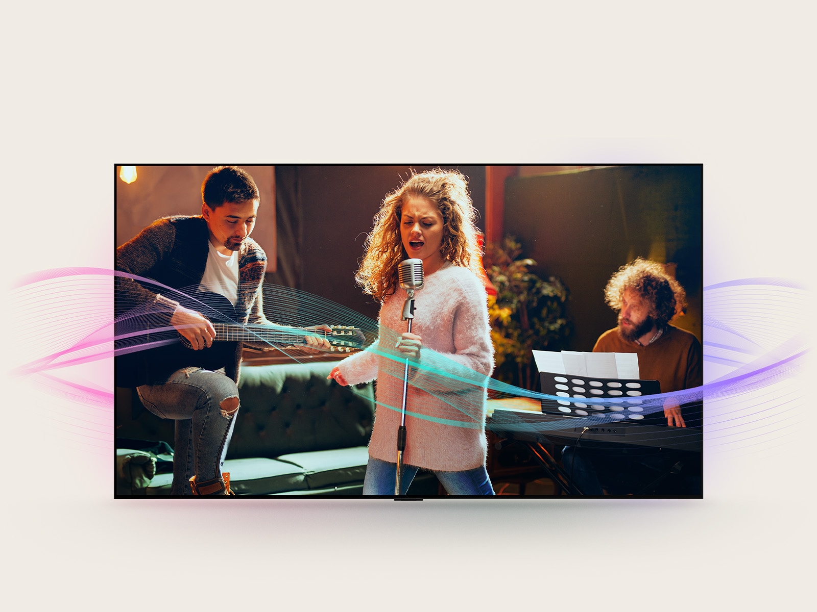 A man playing guitar, a woman singing into a mic, and a man playing the piano are pictured. Soundwaves which are coming from them are seen to show sound emission and how sound quality is enhanced with Al Clear Sound.