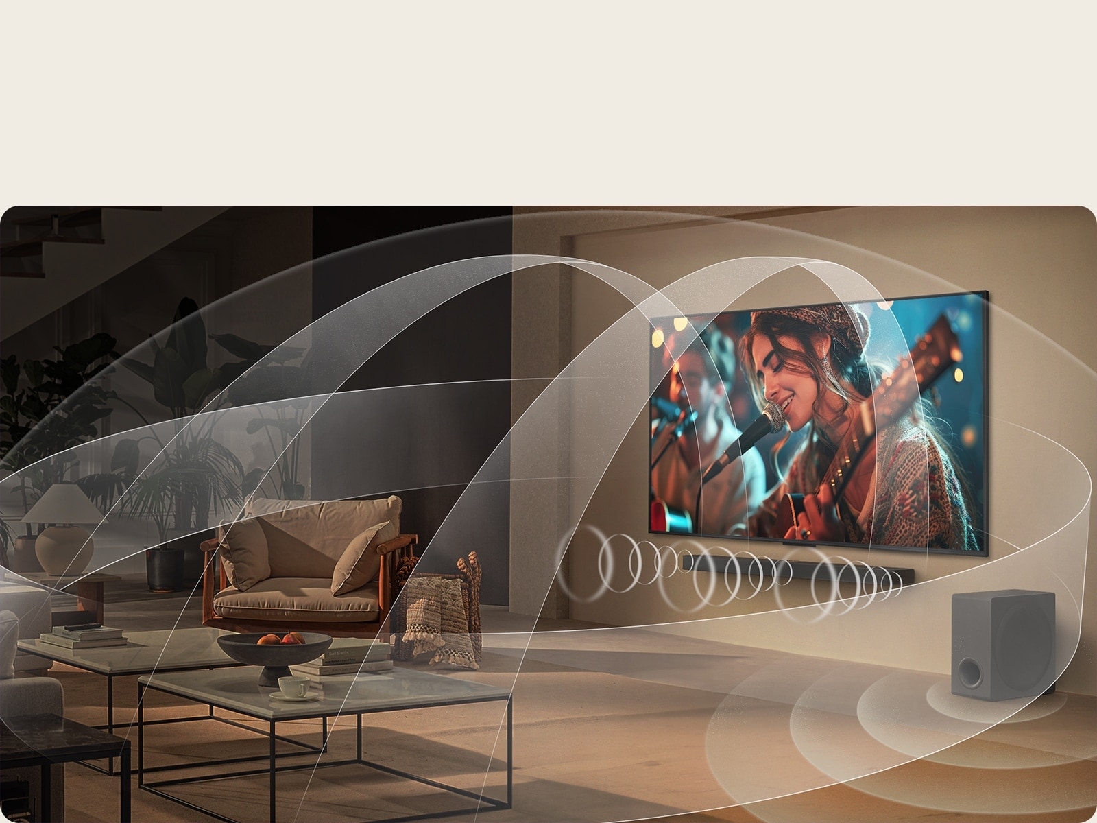 Living room with an LG QNED TV and LG Soundbar with graphics representing how both devices fill the space with multi-surround sound.