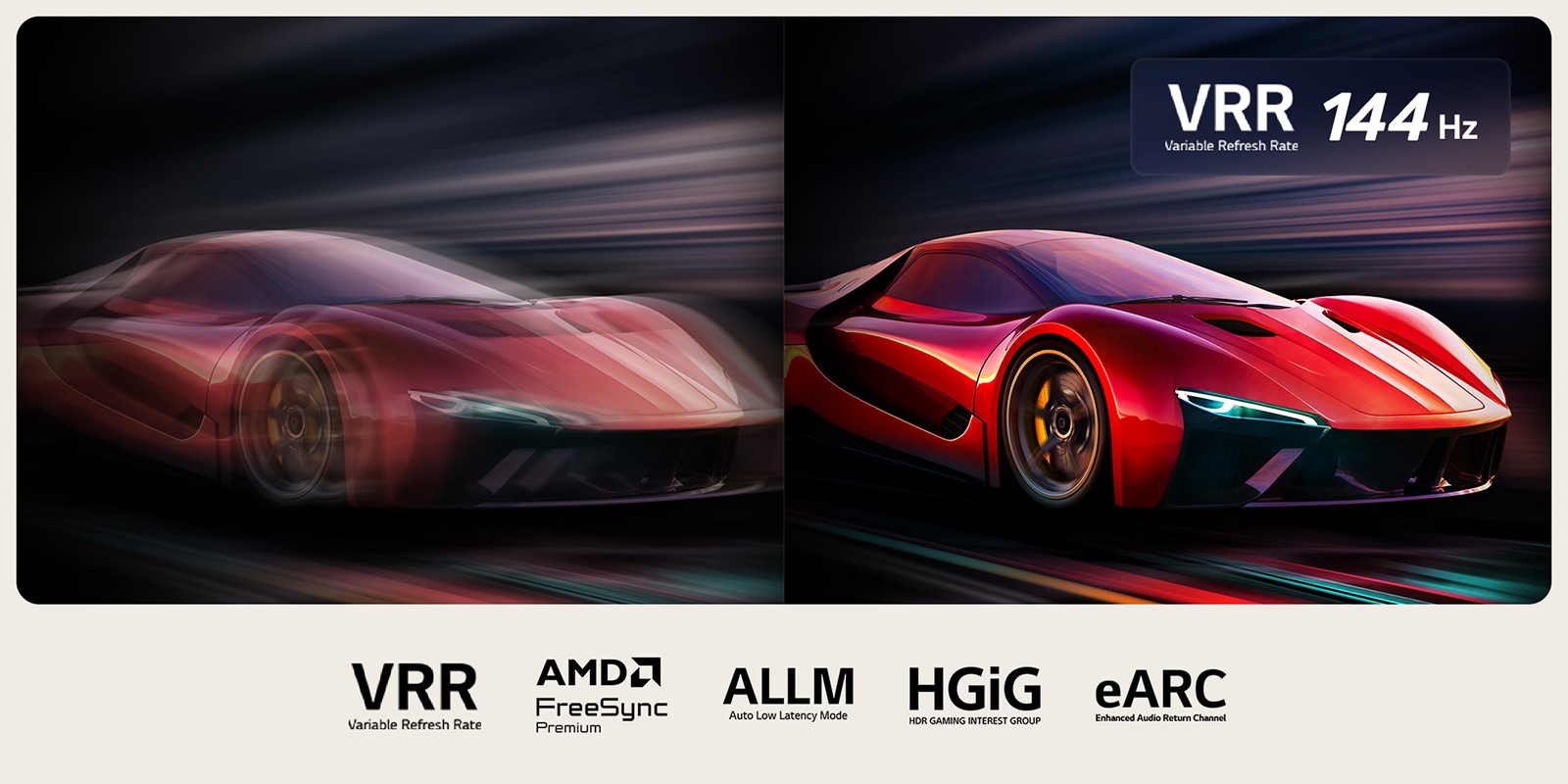 Two images of a car in a video game side-by-side. One shows a lot of motion blur. The other is sharp and in-focus showing the high frame rate of LG QNED TV. VRR logo and 144Hz logo are on the upper right corner. 