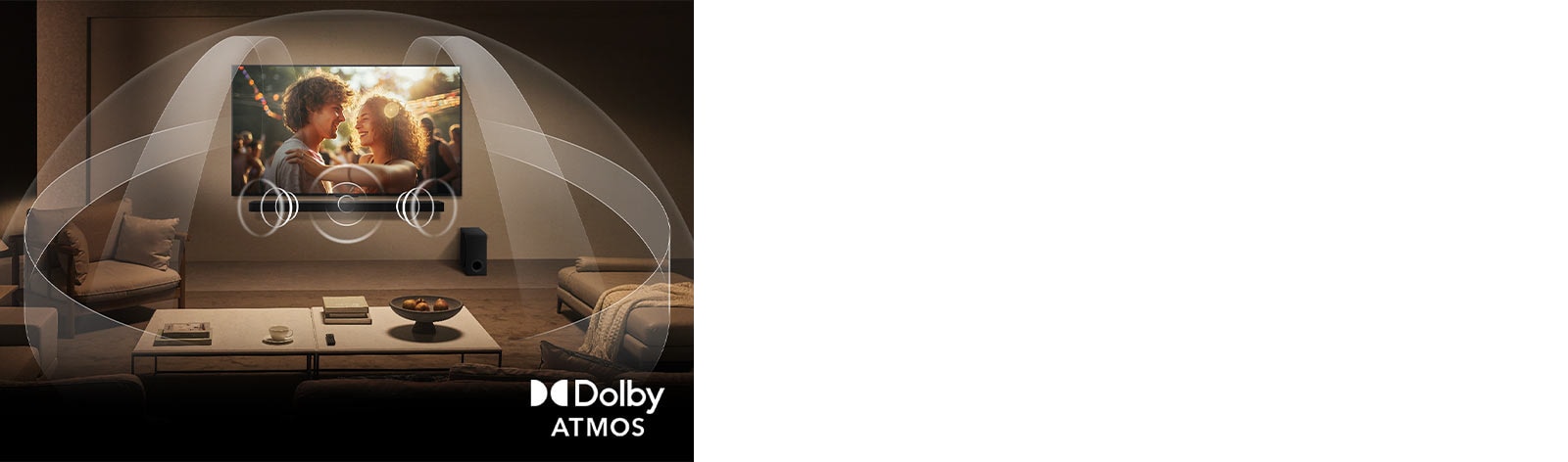Dimly lit, cozy living room with a LG QNED TV on a wall with a LG Soundbar. Graphics show how Dolby Atmos fills the whole space with surround sound from all directions. Dolby Atmos logo is at the bottom right corner.