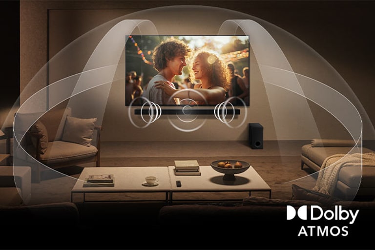 Dimly lit, cozy living room with a LG QNED TV on a wall with a LG Soundbar. Graphics show how Dolby Atmos fills the whole space with surround sound from all directions. Dolby Atmos logo is at the bottom right corner.