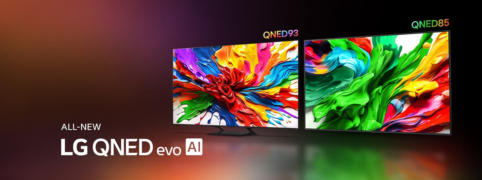 LG QNED92 and LG QNED85 TVs are side by side. Colorful artwork that highlights the new vivid and vibrant color reproduction technology of LG QNED are on their screens. ALL NEW LG QNED evo AI logo is also present.