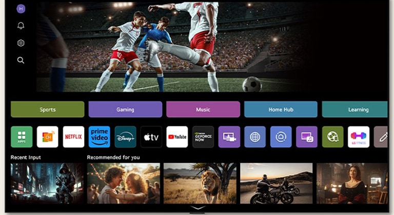 Ecranul de start al LG Channels care arată varietatea de conținut disponibil pe un televizor LG.