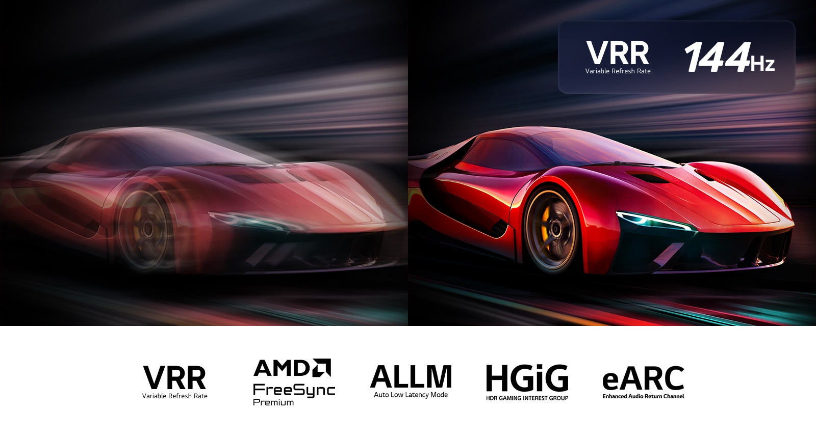 Two images of a car in a video game side-by-side. One shows a lot of motion blur. The other is sharp and in-focus showing the high frame rate of LG QNED TV. VRR logo and 144Hz logo are on the upper right corner. 