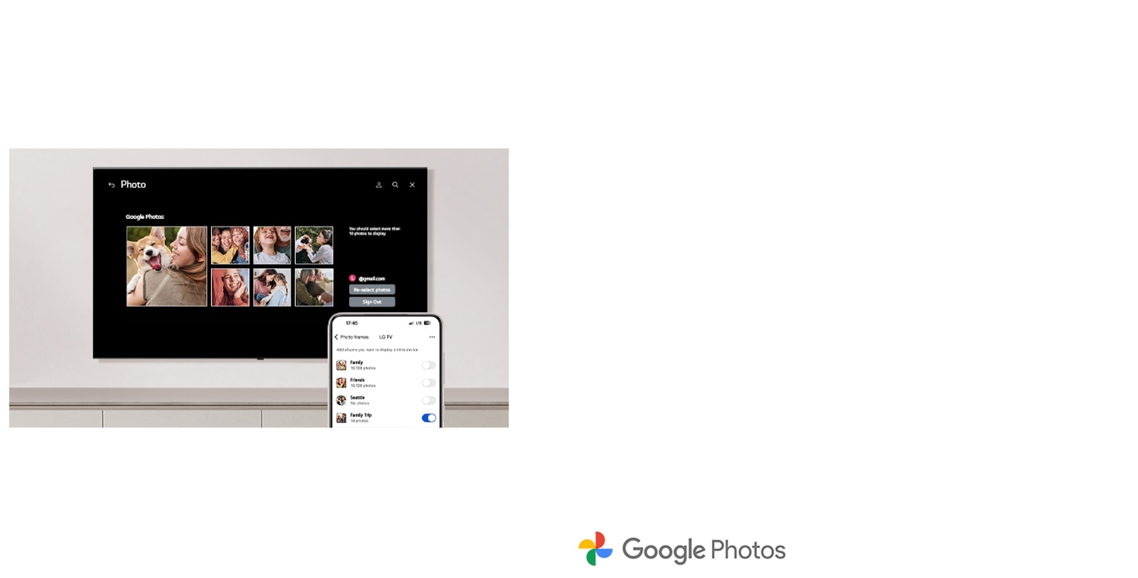 Conectați-vă în mod convenabil contul Google Photos la televizor folosind doar telefonul. Personalizați-vă fără efort spațiul folosind conținut din propria bibliotecă foto.