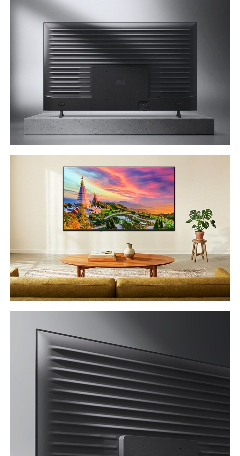 LG QNED AI QNED70 Mini LED cu Linear Flow Design este prezentat dintr-o perspectivă multi-unghi, cu panoul posterior afișat în partea de sus, o scenă de zi cu televizorul montat subțire pe perete în stânga jos și un prim-plan cu spatele metalic striat în dreapta jos.