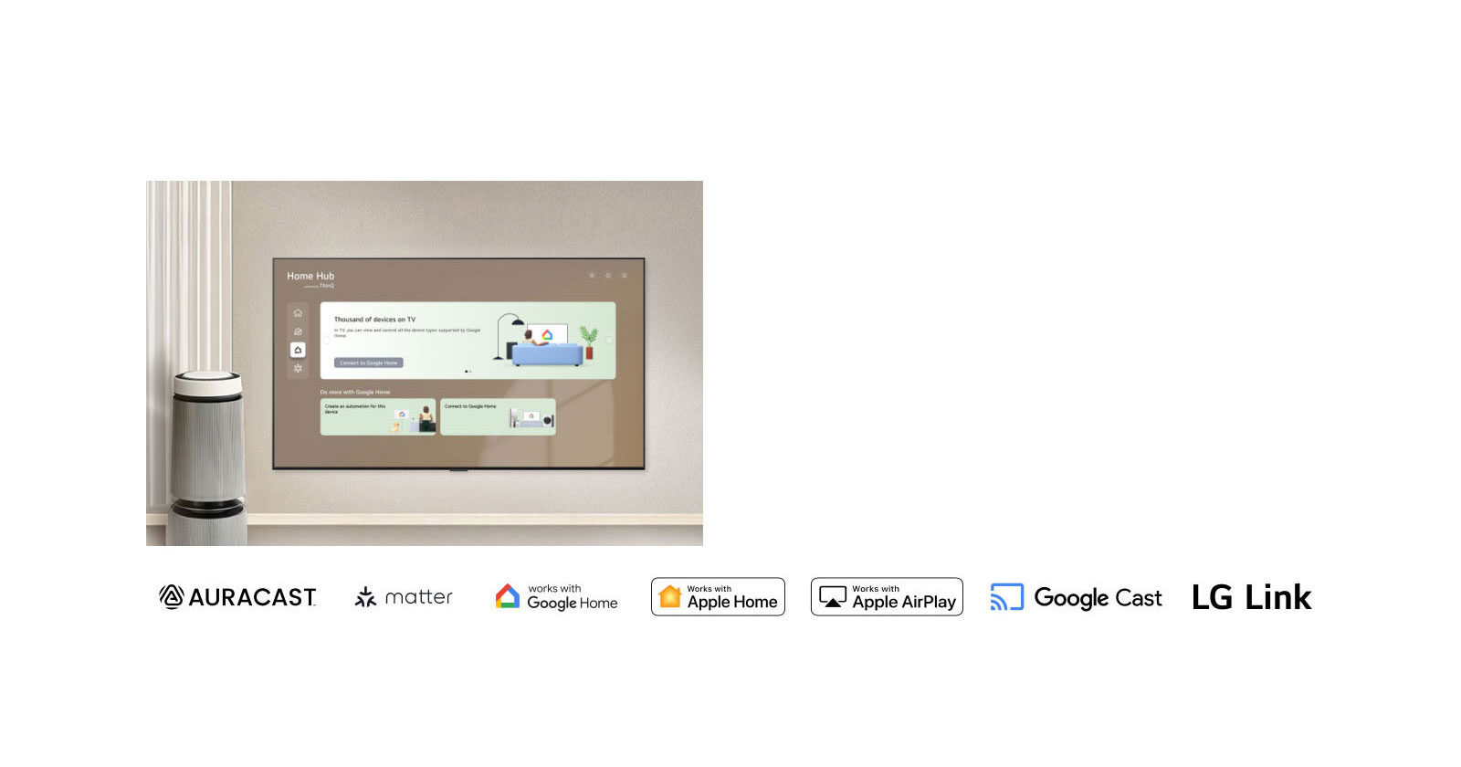 LG QNED evo AI QNED85 Mini LED cu Smart Connectivity afișează pe ecran interfața Home Hub, prezentând conexiunile la Google Home și LG ThinQ, cu panouri pentru televizor, dispozitive și aplicații într-un format de control unic.