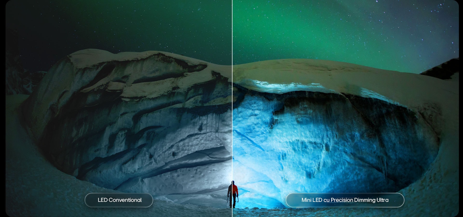 LG QNED evo AI QNED85 Mini LED evidențiază Mini LED cu Precision Dimming Pro printr-o scenă divizată a unui munte glaciar luminat de aurora boreală, comparând LED-ul convențional cu negru mai profund și contrast rafinat pentru a obține o precizie și o claritate mai mari.