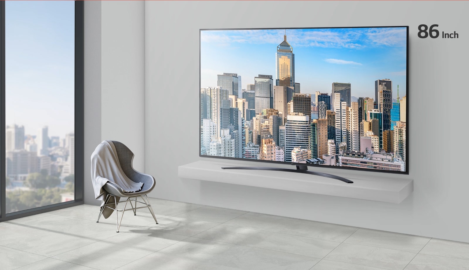 Размер телевизора в офисе, воспроизводящего изображение небоскреба, увеличивается с 55 до 86 дюймов.