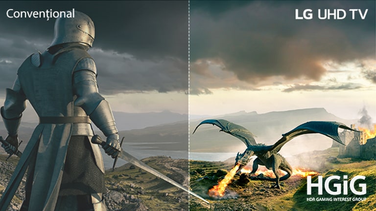 Рыцарь в доспехах с мечом и огнедышащий дракон сталкиваются лицом к лицу.  На изображении есть тексты для обычной модели в верхнем левом углу, LG UHD TV в верхнем правом углу и логотип HGiG в правом нижнем углу.