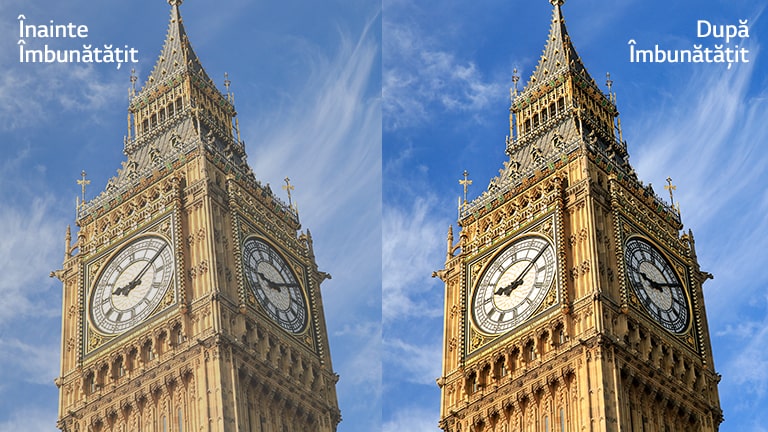 Imaginea din partea dreaptă a Big Ben-lui cu textul "După îmbunătățire" oferă o imagine mai luminoasă și mai clară comparativ cu aceeași imagine aflată în partea stăngă cu textul "Înainte de îmbunătățire"