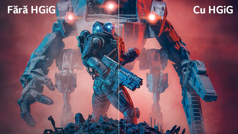 Imagine care prezintă jumătatea din stânga a unei imagini fără HGiG și jumătatea din dreapta cu HGiG pentru a prezenta contrastul.