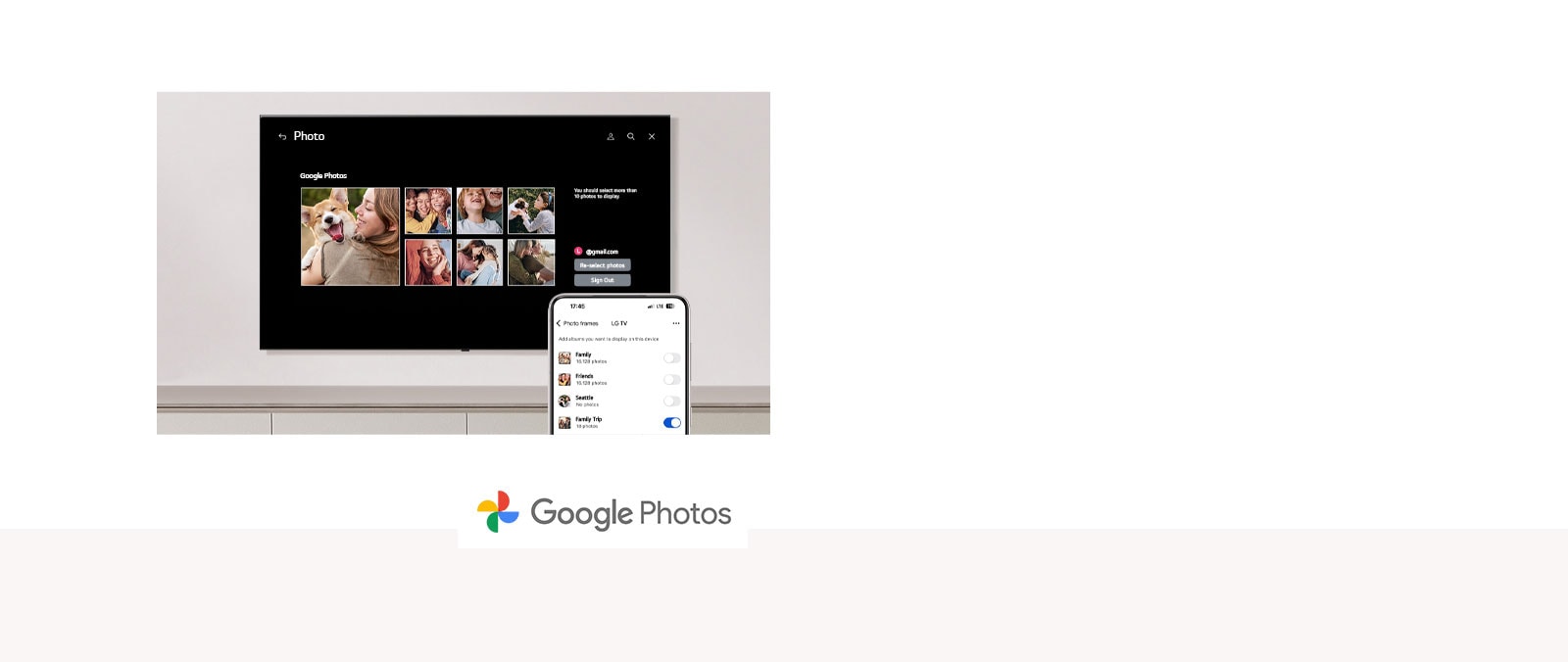 Conectați-vă în mod convenabil contul Google Photos la televizor folosind doar telefonul. Personalizați-vă fără efort spațiul folosind conținut din propria bibliotecă foto.