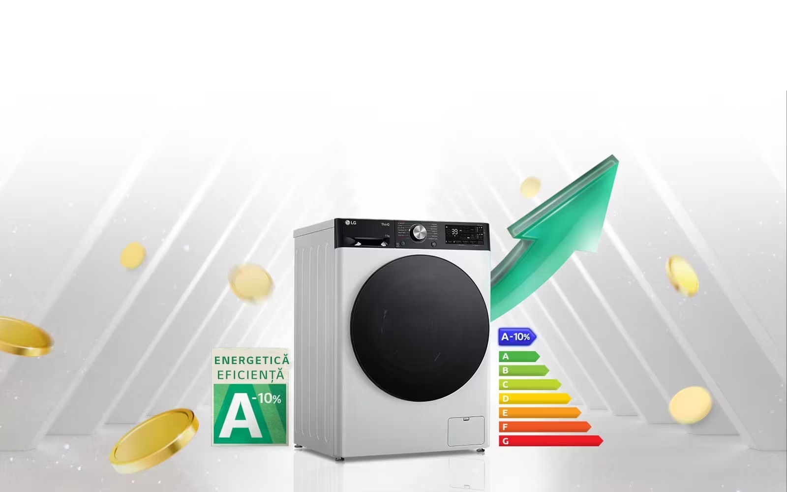 Етикетка з рейтингом енергоефективності A-10% і таблиця енергоефективності розміщені поруч із пральною машиною. На задній панелі пральної машини з’являється зелена стрілка, спрямована вгору.