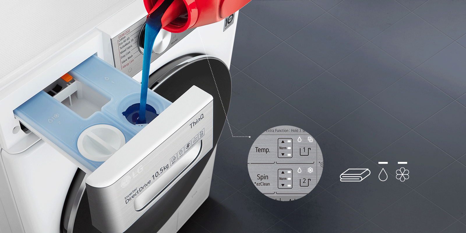 Mașina de spălat LG este văzută de sus în jos într-un unghi, având sertartul frontal scos în timp ce o sticlă toarnă  detergent. Logoul LG, logoul ThinQ, și logoul Inverter Direct Drive pot fi văzute pe partea din față a sertarului cu panoul de butoane. O inserție a unui cerc arată o imagine mărită a panoului de control, concentrată pe temperatură și ciclul de rotire. Într-o parte este un set de pictograme care se mișcă, arătând una, apoi două, apoi trei pictograme de prosoape. Pe măsură ce pictogramele de prosop se măresc, pictograma de apă și ciclul de rotire se măresc și ele.