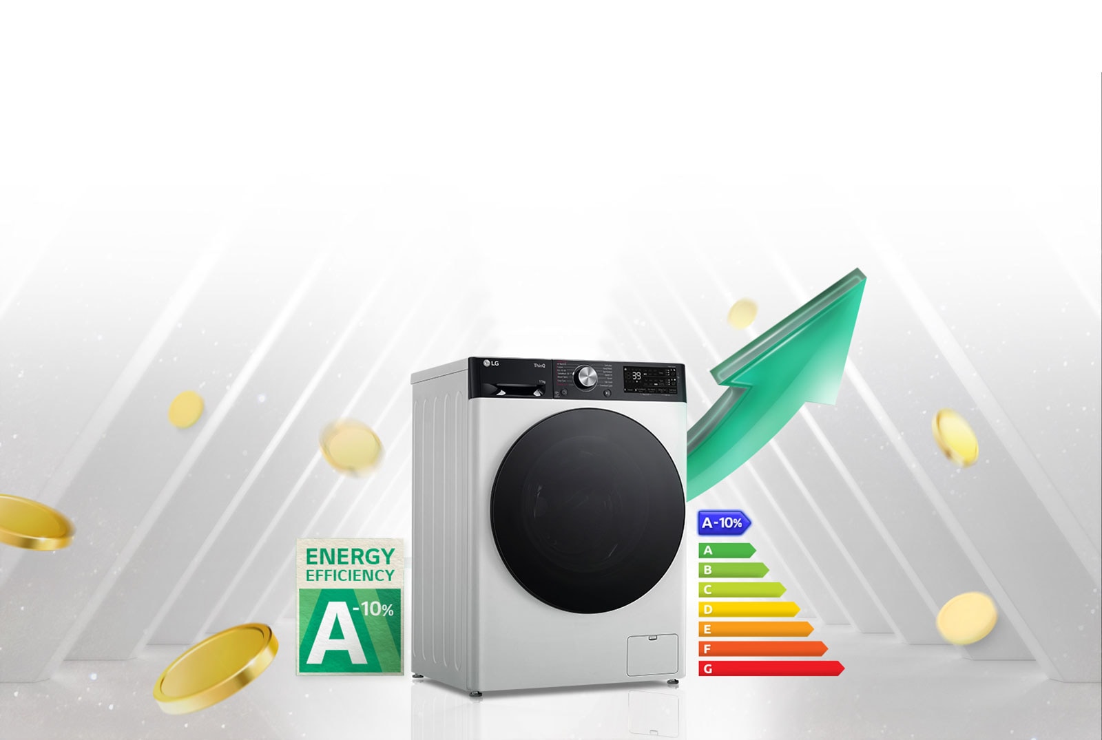 Рядом со стиральной машиной находится этикетка с номинальной энергоэффективностью A-10% и таблица энергоэффективности.  На задней панели стиральной машины появится зеленая стрелка, направленная вверх.