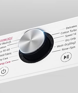 Aceasta este o imagine mărită a butonului din metal de pe panoul unei mașini de spălat.