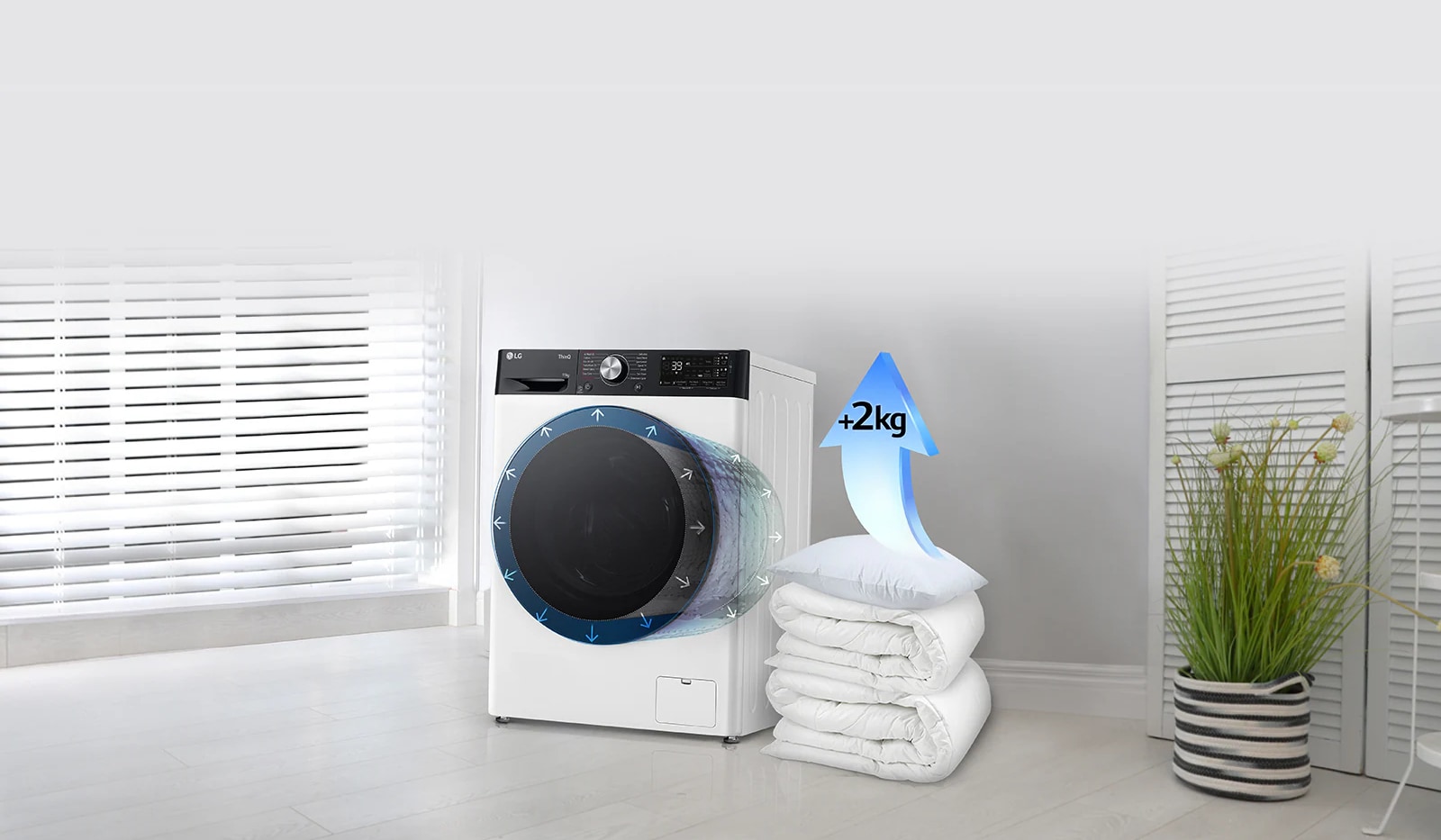 Păturile și pernele sunt lângă mașina de spălat, iar există o săgeată care indică o creștere de 2 kg pe pernă.