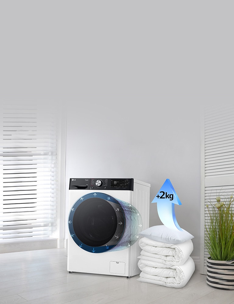  Păturile și pernele sunt lângă mașina de spălat, iar pe pernă se află o săgeată care indică o creștere de 2 kg.