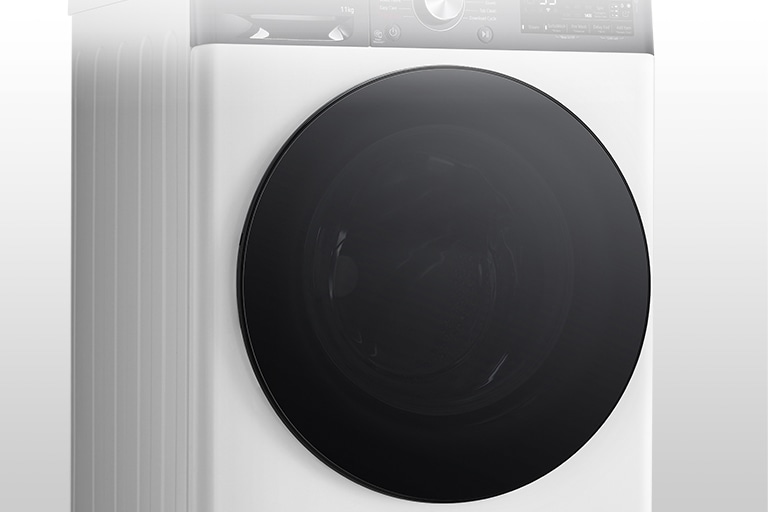 Aceasta este o imagine mărită a butonului metalic de pe panoul unei mașini de spălat.