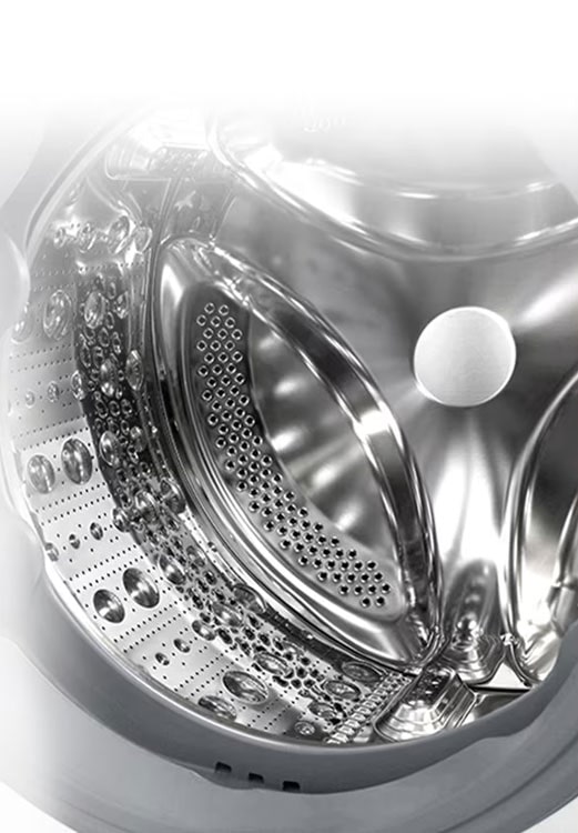 Imaginea din interiorul mașinii de spălat unde se poate vedea ridicătorul din oțel inoxidabil.