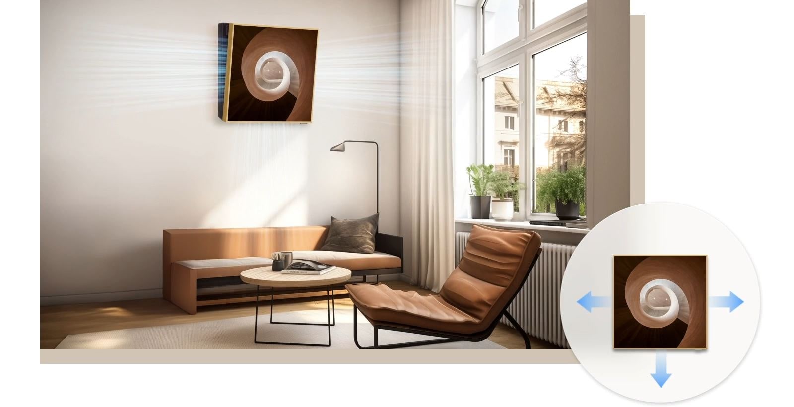 Prin dispersarea aerului rece prin stânga, dreapta și partea inferioară a cadrului, se oferă o briză proaspătă.