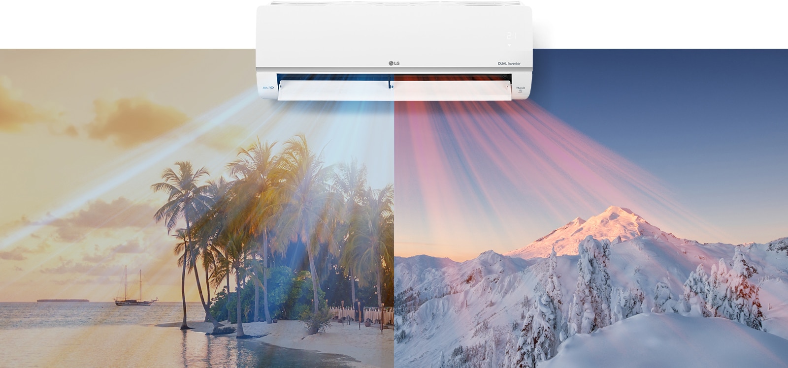 Un aparat de aer condiționat LG apare în centrul superior al imaginii. 