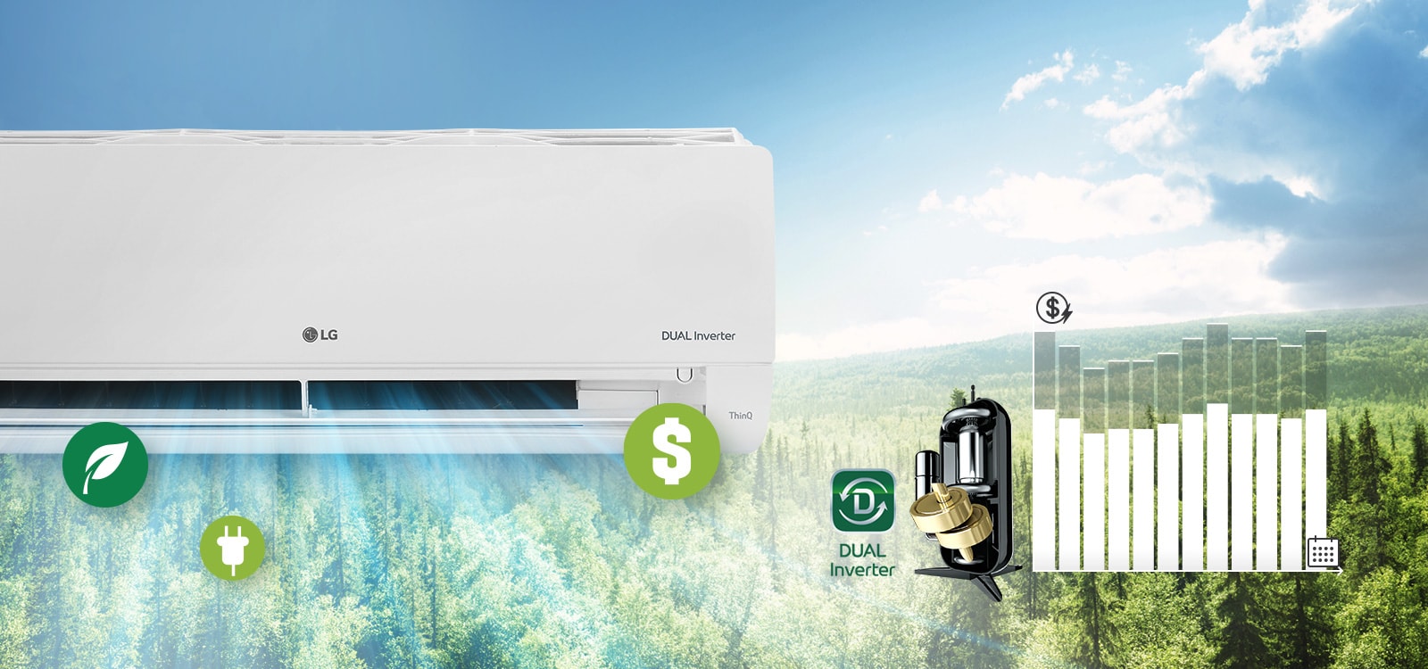 Un aparat de aer condiționat cu flux de aer peste un fundal de pădure și un grafic care arată reducerea consumului de energie.