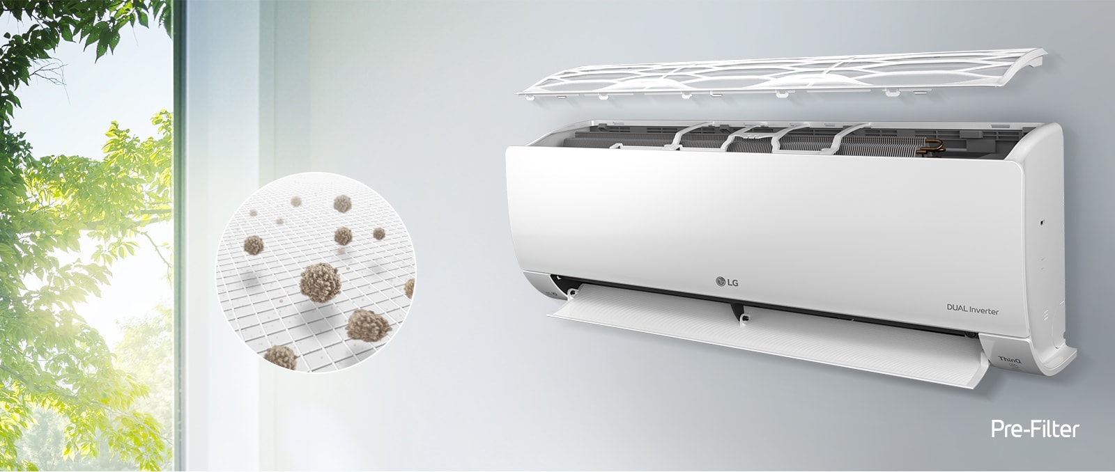 Aparatul de aer condiționat LG este montat pe perete și văzut dintr-un unghi lateral.