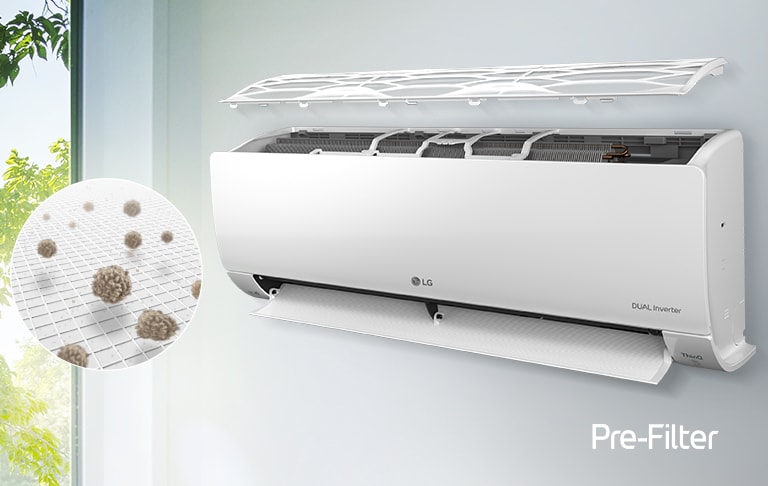 Aparatul de aer condiționat LG este montat pe perete și văzut dintr-un unghi lateral.