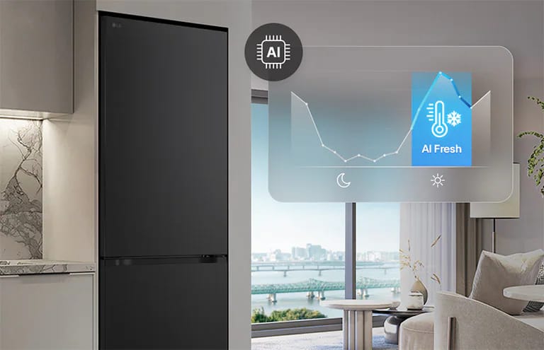 Frigiderul LG cu congelator inferior (GBBW726AEV), amplasat lângă mobilier gri deschis