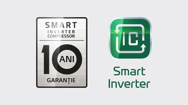 Logos do Smart Inverter Compressor e Garantia 10 Anos