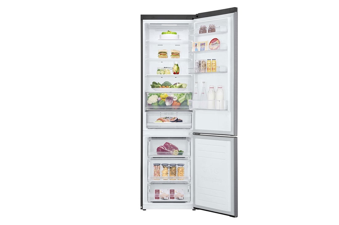 LG Combină frigorifică | Clasa E | 384 L | Total No Frost | Compresor Smart Inverter 10 ani Garanție | Door Cooling | ThinQ™ | Gri metalizat, Front View Door open with Food, GBB62PZHMN, thumbnail 3