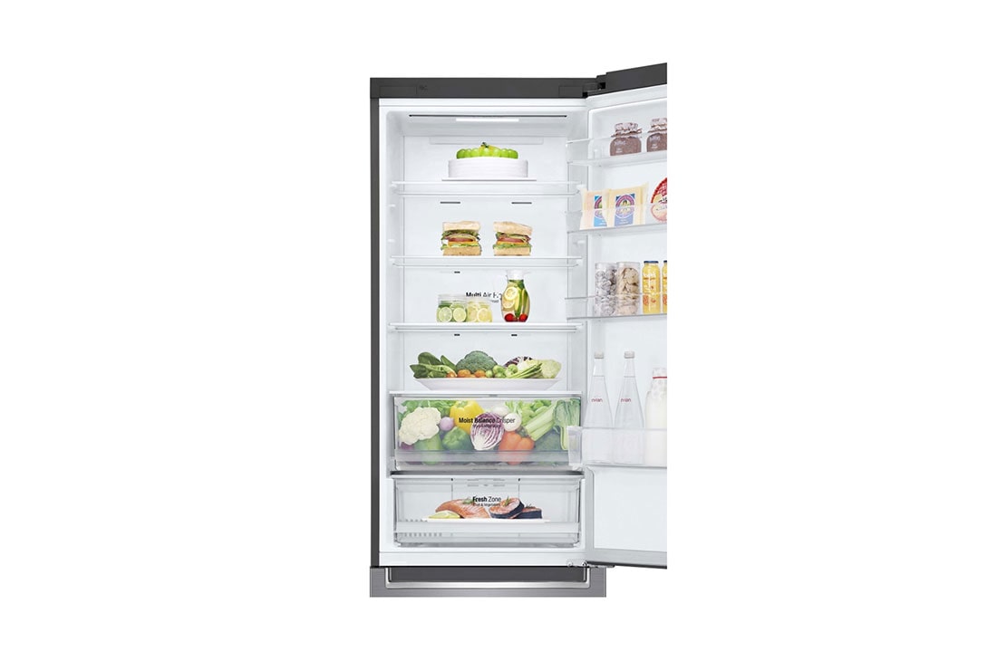 LG Combină frigorifică | Clasa E | 384 L | Total No Frost | Compresor Smart Inverter 10 ani Garanție | Door Cooling | ThinQ™ | Gri metalizat, Close Up Front View Door open with food, GBB62PZHMN, thumbnail 6