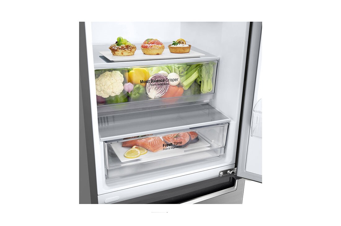 LG Combină frigorifică | Clasa E | 384 L | Total No Frost | Compresor Smart Inverter 10 ani Garanție | Door Cooling | ThinQ™ | Gri metalizat, Left side Close up View with food, GBB62PZHMN, thumbnail 9