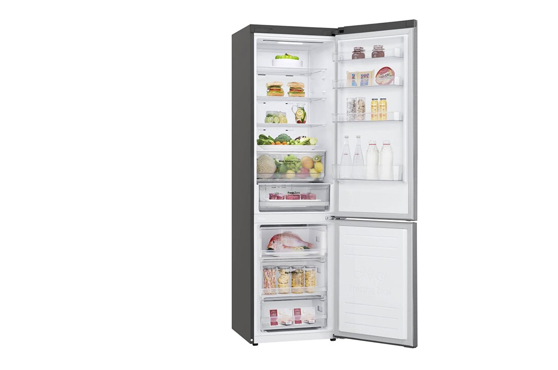 LG Combină frigorifică | Clasa E | 384 L | Total No Frost | Compresor Smart Inverter 10 ani Garanție | Door Cooling | ThinQ™ | Gri metalizat, Right side View door open with food, GBB62PZHMN, thumbnail 12