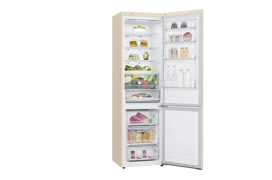 LG Combină frigorifică | Clasa E | 384 L | Total No Frost | Compresor Smart Inverter 10 ani Garanție | Door Cooling | ThinQ™ | Bej, Left Side view with Food, GBB62SEHMN, thumbnail 10
