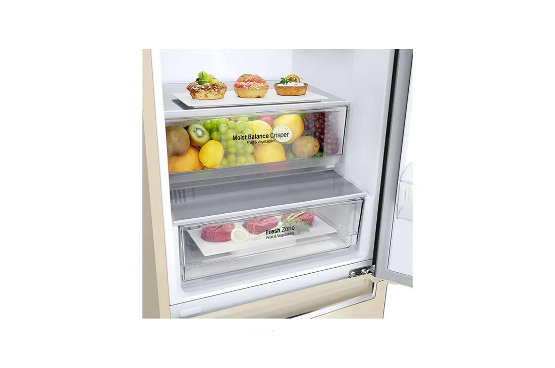 LG Combină frigorifică | Clasa E | 384 L | Total No Frost | Compresor Smart Inverter 10 ani Garanție | Door Cooling | ThinQ™ | Bej, Close up left side view with Food, GBB62SEHMN, thumbnail 4
