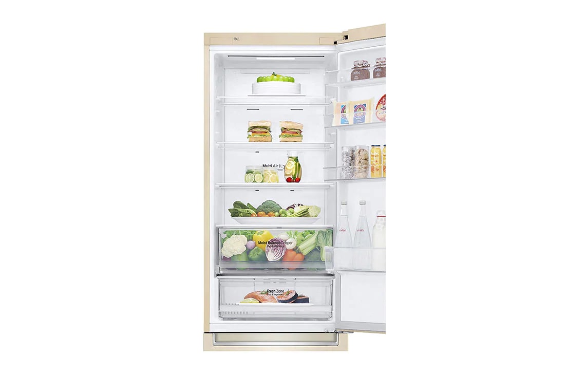 LG Combină frigorifică | Clasa E | 384 L | Total No Frost | Compresor Smart Inverter 10 ani Garanție | Door Cooling | ThinQ™ | Bej, Close up Front View with Food, GBB62SEHMN, thumbnail 7