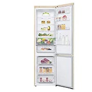 LG Combină frigorifică | Clasa E | 384 L | Total No Frost | Compresor Smart Inverter 10 ani Garanție | Door Cooling | ThinQ™ | Bej, Front View Door Open with Food, GBB62SEHMN, thumbnail 2