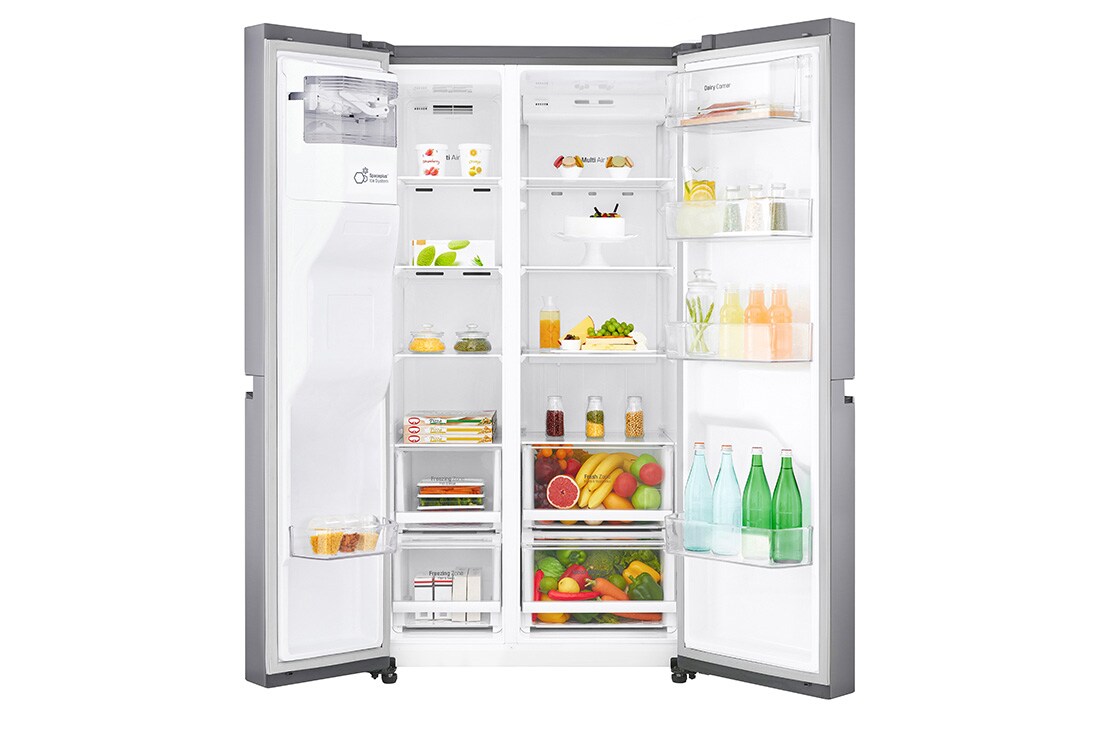 LG Frigider Side by Side | 601 L | Clasa F | Total No Frost | Compresor Smart Inverter 10 ani Garanție | Gri metalizat, Front View Door open with Food, GSL480PZXV, thumbnail 2