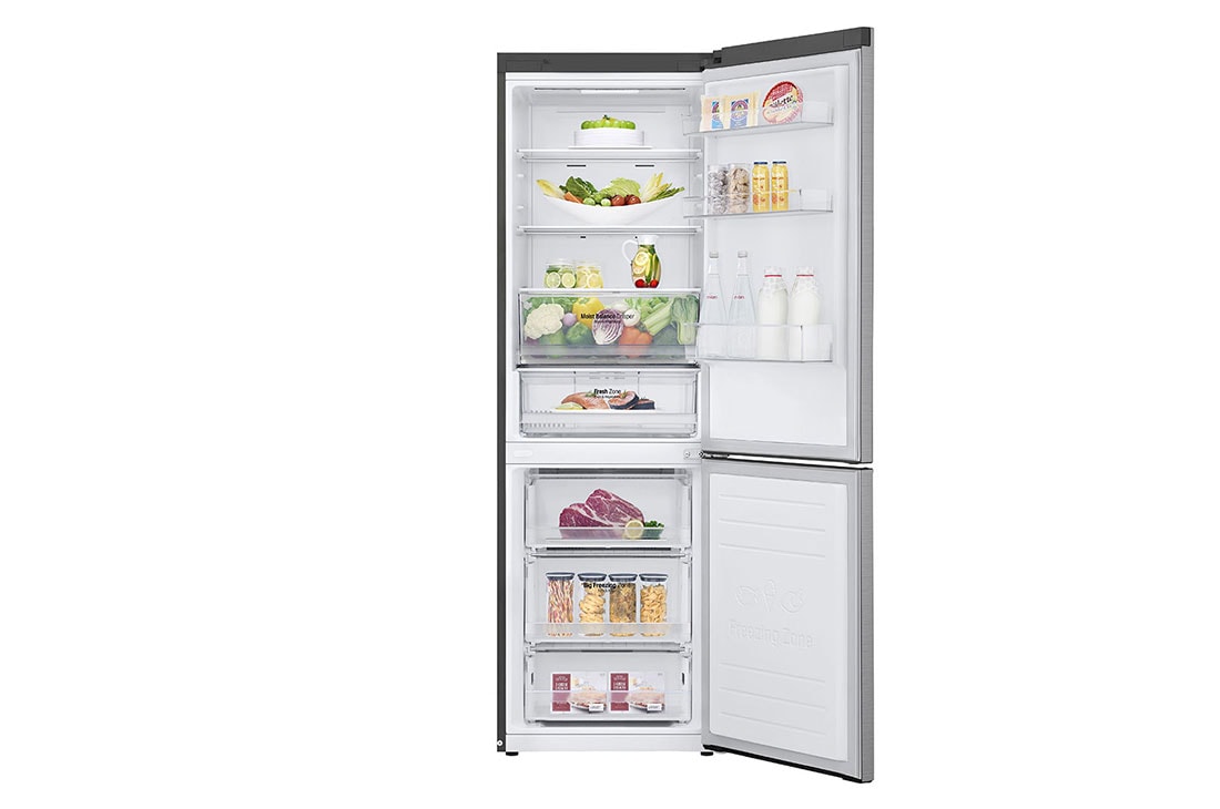 LG Combină frigorifică | Clasa E | 341 L | Total No Frost | Compresor Smart Inverter 10 ani Garanție | DoorCooling™ | ThinQ™ | Gri metalizat, Front View Door open with Food, GBB61PZHMN, thumbnail 3